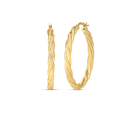 18K Yellow Designer Gold Twisted Hoop Earrings