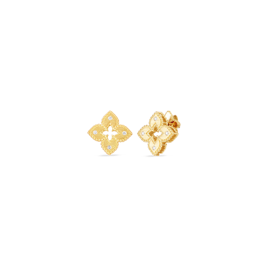 18K Yellow Gold Petite Venetian Princess Diamond & Satin Finish Small Flower Stud Earrings