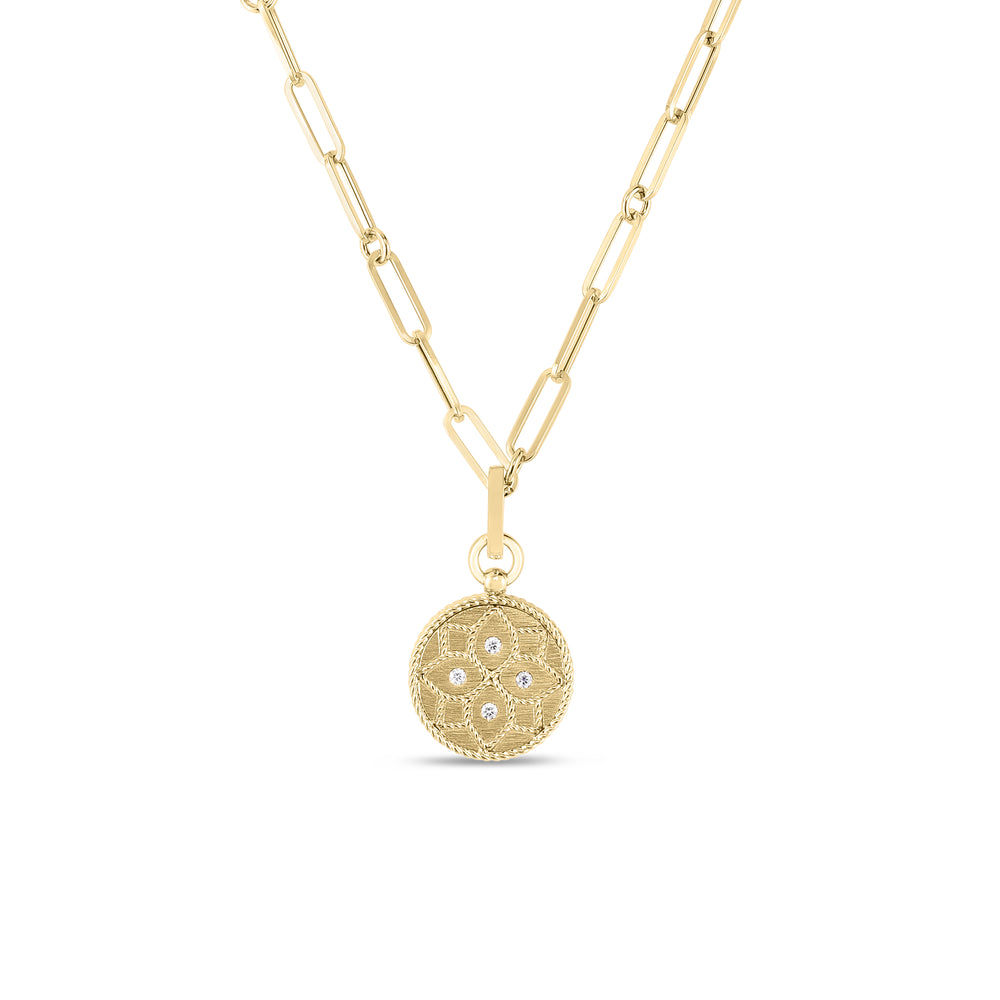 18K Venetian Princess Small Satin Medallion With Diamond Flower Detail Necklace