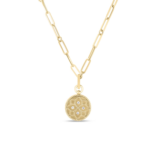 18K Venetian Princess Small Satin Medallion With Diamond Flower Detail Necklace