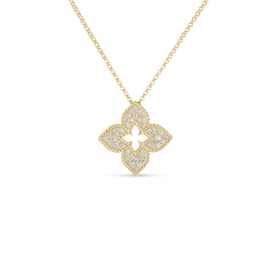 18K Yellow Gold Venetian Princess Pave Diamond Medium Flower Necklace