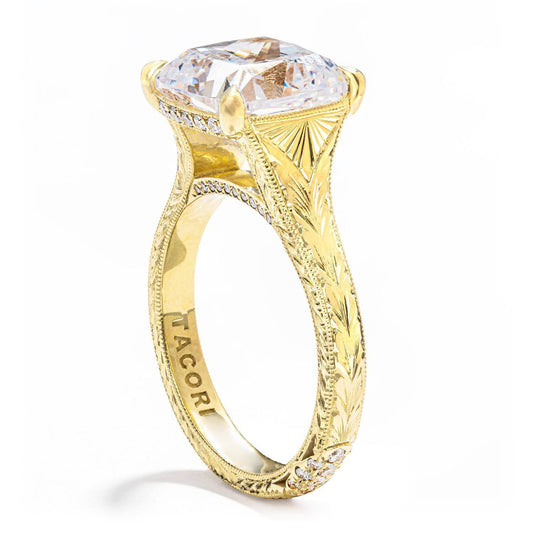 Tacori Wheat Hand Engraved Wide Band Cushion Solitaire Engagement Ring in 18K Yellow Gold