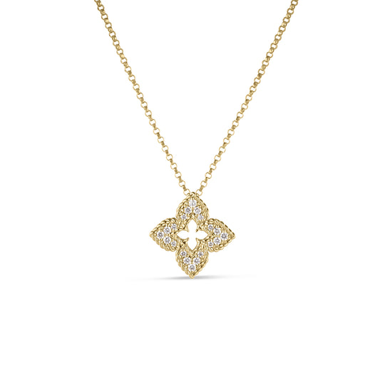 18K Yellow Gold Ventian Princess Pave Diamond Small Flower Necklace