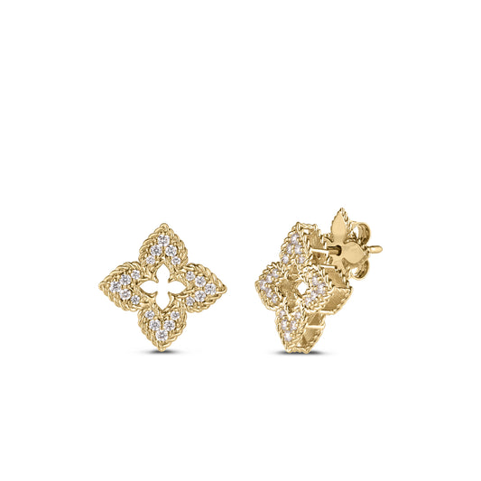 18K Yellow Gold Ventian Princess Pave Diamond Small Flower Stud Earrings
