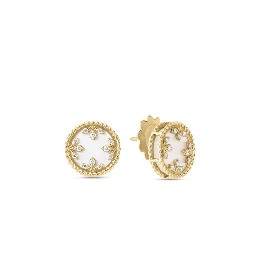 18K Yellow Gold Venetian Medallions Small Diamond And Mother Of Pearl Stud Earrings
