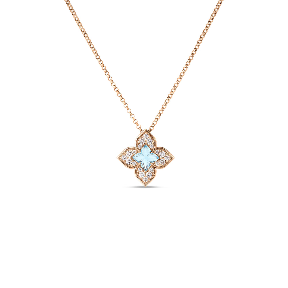 18K Rose Gold Venetian Princess Carnival Pave Diamond & Blue Topaz Small Flower Necklace