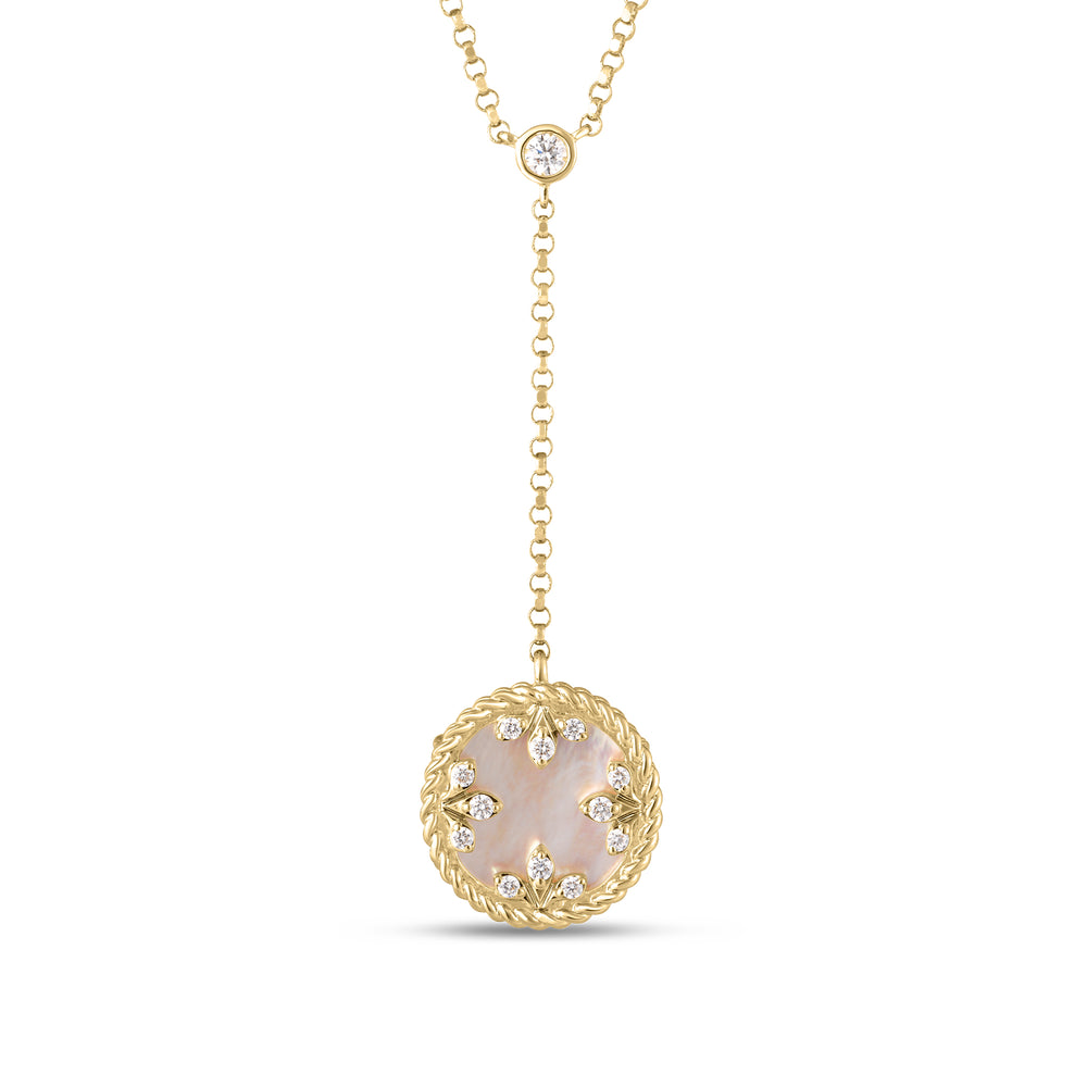 18K YELLOW GOLD VENETIAN MEDALLIONS SMALL DIAMOND AND MOTHER OF PEARL DANGLE NECKLACE