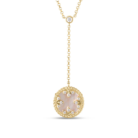 18K YELLOW GOLD VENETIAN MEDALLIONS SMALL DIAMOND AND MOTHER OF PEARL DANGLE NECKLACE