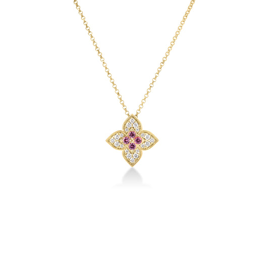 18K Yellow Gold Venetian Princess Carnival Diamond & Rubellite Medium Flower Necklace
