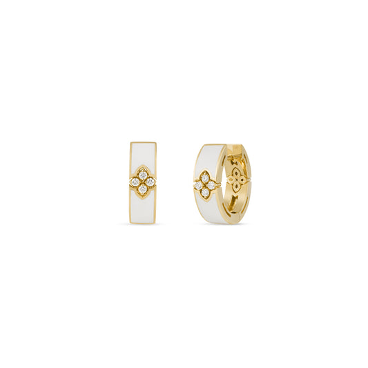 18K YELLOW GOLD LOVE IN VERONA DIAMOND AND WHITE ENAMEL HOOP EARRINGS