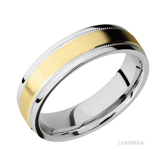 Lashbrook Flat Stepped Edges Milgrain/Cobalt Chrome Band with Centered inlay of 14K Yellow Gold