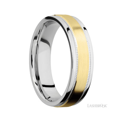 Lashbrook Flat Stepped Edges Milgrain/Cobalt Chrome Band with Centered inlay of 14K Yellow Gold