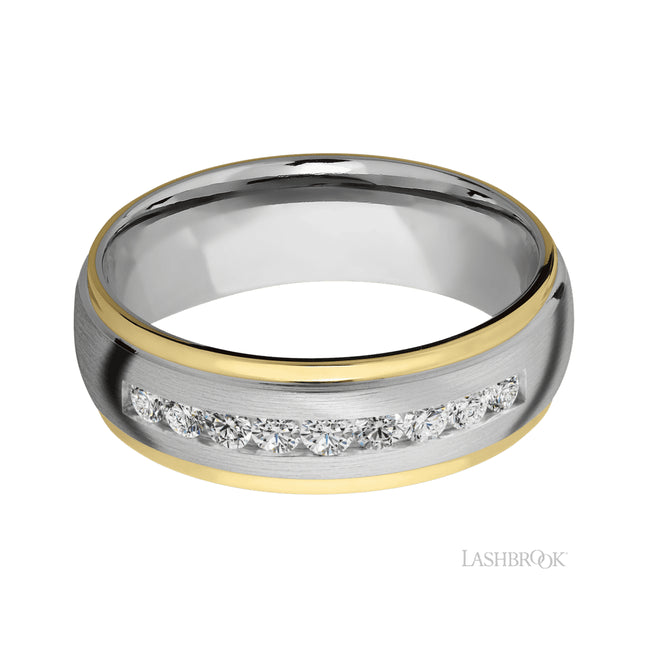 Lashbrook Domed Stepped Down Edges/Cobalt Chrome Band with Lab Grown Diamond and two inlays of 14K Yellow Gold