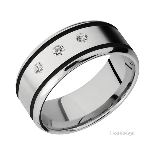 Lashbrook Beveled/Cobalt Chrome Band with two inlays of Black and Diamond