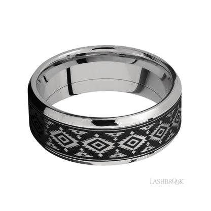 Lashbrook Beveled/Cobalt Chrome Band with one inlay of Tantalum with a laser carved Aztec pattern