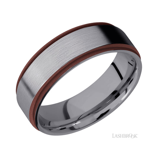 Lashbrook Flat Grooved Edges/Tantalum Band with two inlays of Crimson
