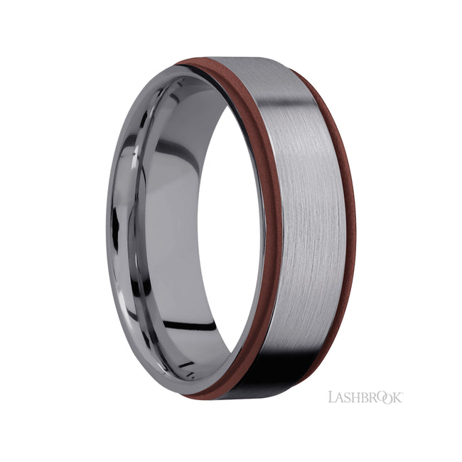 Lashbrook Flat Grooved Edges/Tantalum Band with two inlays of Crimson