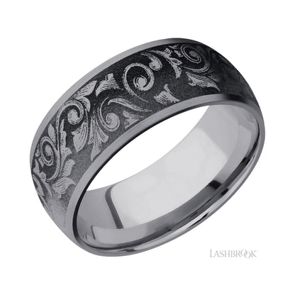 Lashbrook Domed/Tantalum Band with a laser carved Western Scroll pattern