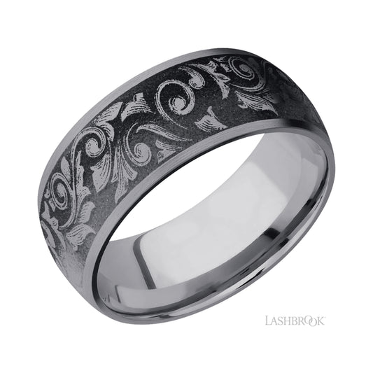 Lashbrook Domed/Tantalum Band with a laser carved Western Scroll pattern