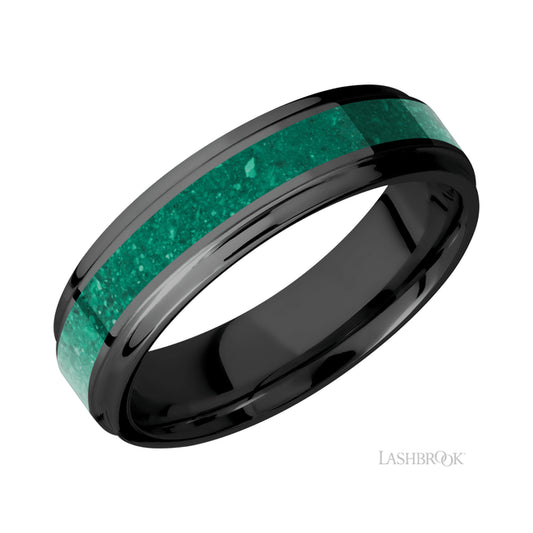 Lashbrook Flat Grooved Edges/Zirconium Band with Centered inlay of Malachite