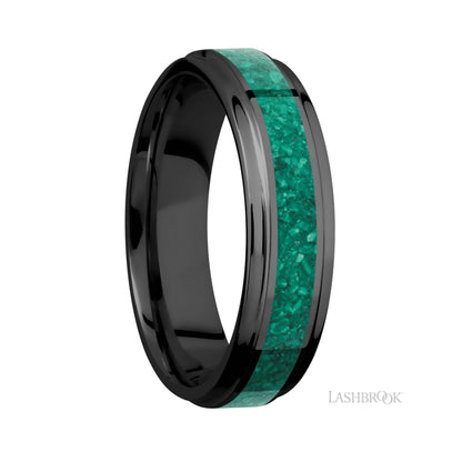 Lashbrook Flat Grooved Edges/Zirconium Band with Centered inlay of Malachite