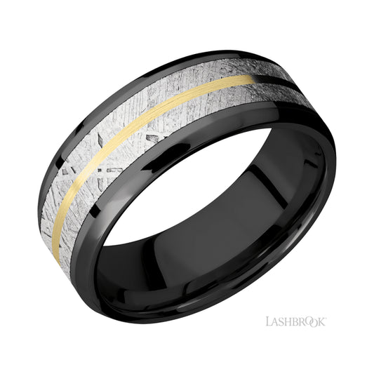 Lashbrook Beveled/Zirconium Band featuring inlays of Meteorite and 14K Yellow Gold