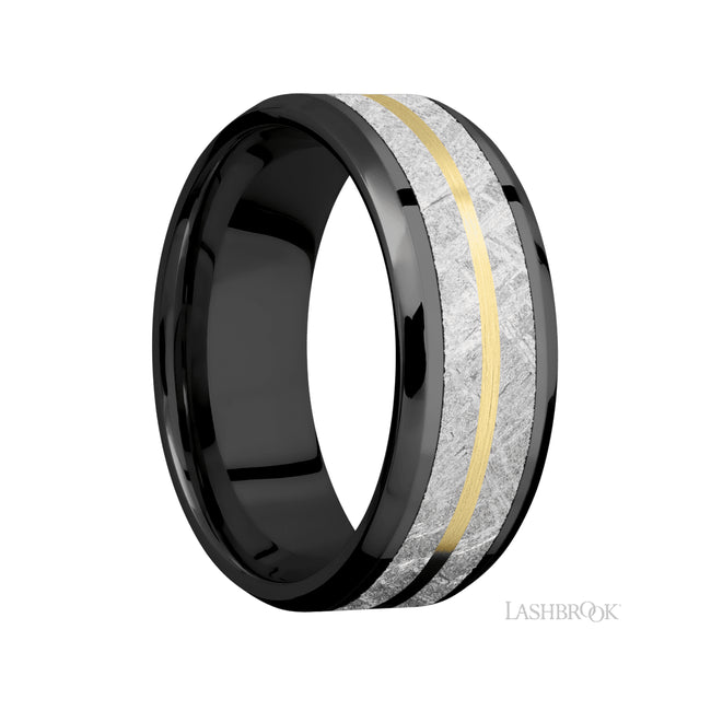 Lashbrook Beveled/Zirconium Band featuring inlays of Meteorite and 14K Yellow Gold