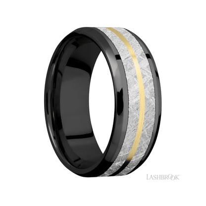 Lashbrook Beveled/Zirconium Band featuring inlays of Meteorite and 14K Yellow Gold