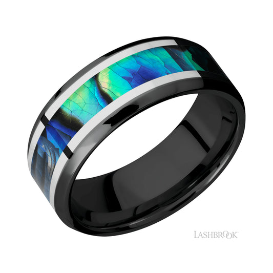 Lashbrook Beveled/Zirconium Band featuring inlays of Palladium Silver and Abalone