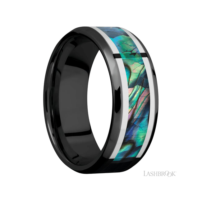 Lashbrook Beveled/Zirconium Band featuring inlays of Palladium Silver and Abalone