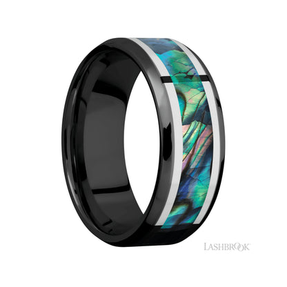 Lashbrook Beveled/Zirconium Band featuring inlays of Palladium Silver and Abalone
