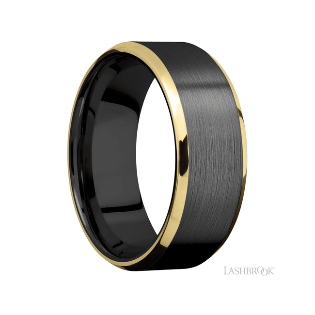 Lashbrook Beveled/Zirconium Band with two inlays of 14K Yellow Gold