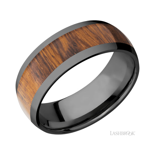 Lashbrook Domed/Zirconium Band with Centered inlay of Desert Iron Wood