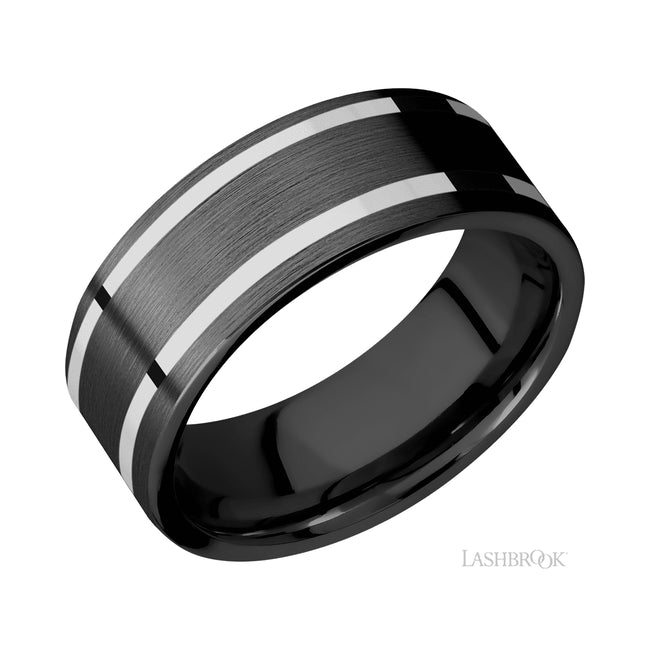 Lashbrook Flat/Zirconium Band with two inlays of 14K White Gold