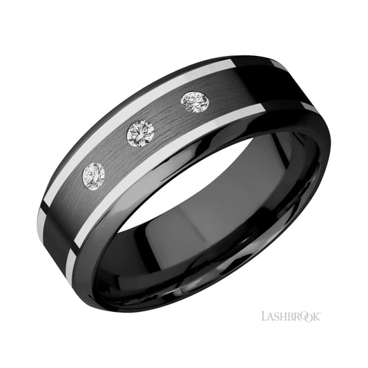 Lashbrook High Bevel/Zirconium Band with two inlays of 14K White Gold and Diamond