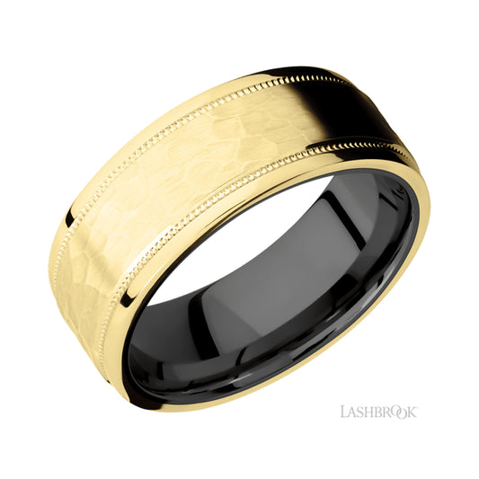 Lashbrook Flat Stepped Edges Milgrain 14K Yellow Gold Band featuring a Zirconium sleeve