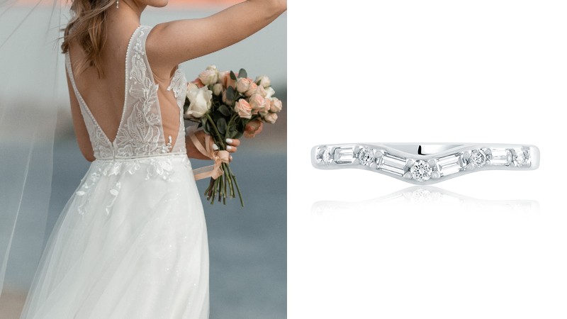 floral bridal gown and prong set ring