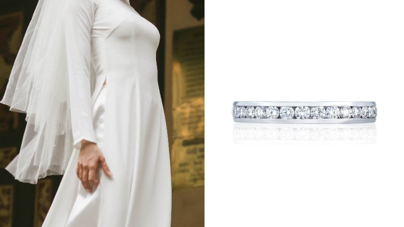 long sleeved gown and channel set ring