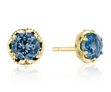 London Blue Topaz round cut gems set in yellow gold as stud earrings by Tacori