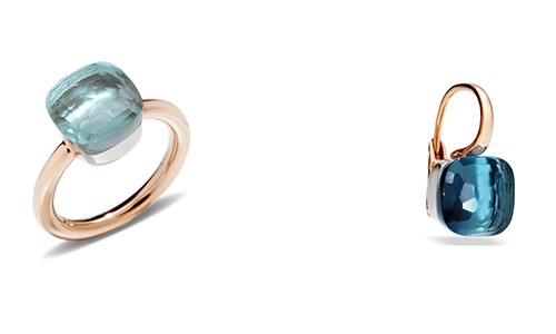 From the left: Rose gold and blue gemstone fashion ring; rose gold and blue topaz huggies earring