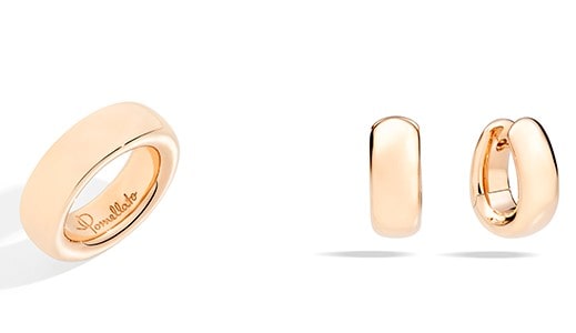 From the left: Bold but minimalist rose gold fashion ring; a pair of rose gold huggies with shapely silhouettes
