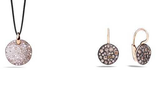 From the left: Pendant with an array of brown and brown-tinted diamonds with rose gold setting; brown diamond earrings with rose gold setting