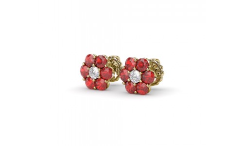 Ruby and diamond studs exhibiting a vibrant flower pattern by Fana