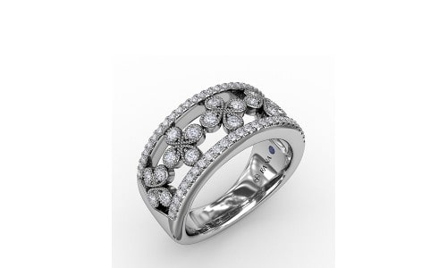 Fashion ring with intricate flower patterns outlined by diamonds and beading, made by Fana