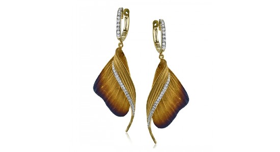 Pair of Simon G. earrings that resemble butterfly rings with diamond accents