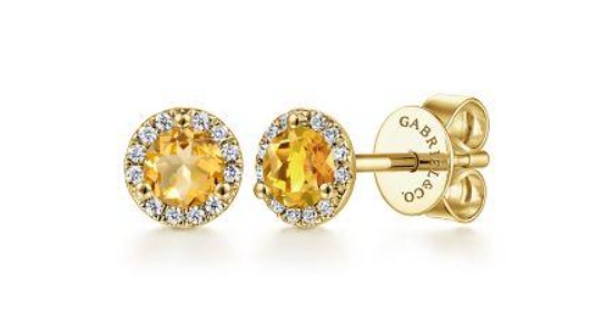 A pair of citrine stud earrings by Gabriel & Co., featuring a diamond halo